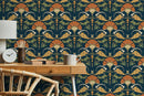 Art Nouveau Wallpaper with a Stylized Floral Motif in Orange, Gold, and Green - D239
