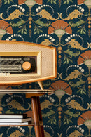 Art Nouveau Wallpaper with a Stylized Floral Motif in Orange, Gold, and Green - D239