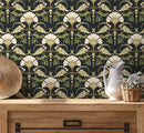 Vintage Wallpaper with a Floral Damask Motif in Green, Beige, and Black - D238