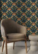Art Nouveau Wallpaper with a Stylized Floral Motif in Orange, Gold, and Green - D239
