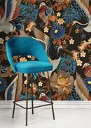 Chinoiserie Wallpaper Featuring Elegant Cranes and Florals in Blue, Gold, and Red - D245