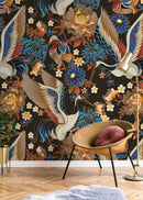 Chinoiserie Wallpaper Featuring Elegant Cranes and Florals in Blue, Gold, and Red - D245