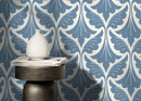 Damask Wallpaper with a Stylized Leaf Motif in Blue - D189