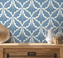 Damask Wallpaper with a Stylized Leaf Motif in Blue - D189