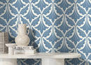 Damask Wallpaper with a Stylized Leaf Motif in Blue - D189