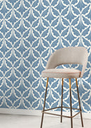 Damask Wallpaper with a Stylized Leaf Motif in Blue - D189
