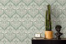 Damask Wallpaper with a Classic Vintage Scroll in Mint Green and Off-White - D251