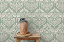 Damask Wallpaper with a Classic Vintage Scroll in Mint Green and Off-White - D251