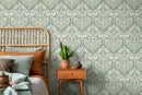 Damask Wallpaper with a Classic Vintage Scroll in Mint Green and Off-White - D251