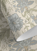Vintage Floral Wallpaper Featuring a Jacobean Motif in Green and Blue - D273