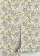 Vintage Floral Wallpaper Featuring a Jacobean Motif in Green and Blue - D273