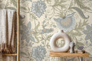 Vintage Floral Wallpaper Featuring a Jacobean Motif in Green and Blue - D273