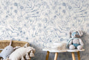 Floral Wallpaper Featuring Hand-Drawn Wildflowers in Blue - D307