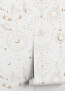 Celestial Wallpaper with Mystical Mountains and Planets in Beige - D339