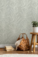Botanical Wallpaper with a Modern Minimalist Leaf Motif in Sage Green and White - D329
