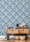 Damask Wallpaper with a Stylized Leaf Motif in Blue - D189