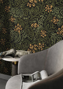 Art Nouveau Wallpaper with Swirling Floral Vines in Green, Gold, and Black - D159