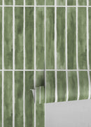 Geometric Wallpaper with a Watercolor Tile Motif in Green and White - D325