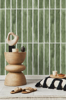 Geometric Wallpaper with a Watercolor Tile Motif in Green and White - D325