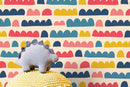 Abstract Wallpaper with Colorful Scalloped Shapes in Blue, Red, and Yellow - D338