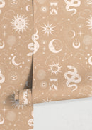 Celestial Wallpaper with Sun, Moon, and Stars in Beige and Cream - D346
