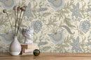 Vintage Floral Wallpaper Featuring a Jacobean Motif in Green and Blue - D273
