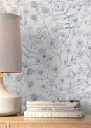 Floral Wallpaper Featuring Hand-Drawn Wildflowers in Blue - D307
