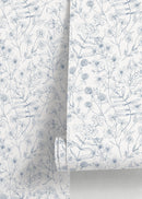 Floral Wallpaper Featuring Hand-Drawn Wildflowers in Blue - D307