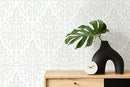 Ikat Wallpaper with a Subtle Damask Motif in Sage Green - D356
