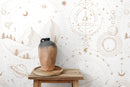 Celestial Wallpaper with Mystical Mountains and Planets in Beige - D339