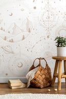 Celestial Wallpaper with Mystical Mountains and Planets in Beige - D339
