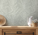Botanical Wallpaper with a Modern Minimalist Leaf Motif in Sage Green and White - D329