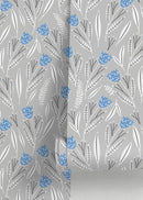 Floral Wallpaper with Stylized Bell Flowers in Blue, Gray, and White - D388