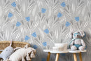 Floral Wallpaper with Stylized Bell Flowers in Blue, Gray, and White - D388