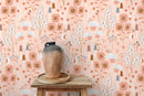 Botanical Wallpaper with Whimsical Flowers and Mushrooms in Peach, Brown, and Blue - D393