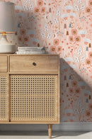 Botanical Wallpaper with Whimsical Flowers and Mushrooms in Peach, Brown, and Blue - D393