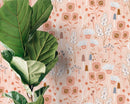 Botanical Wallpaper with Whimsical Flowers and Mushrooms in Peach, Brown, and Blue - D393