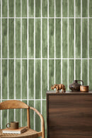 Geometric Wallpaper with a Watercolor Tile Motif in Green and White - D325