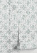 Tile Wallpaper with a Stylized Floral Medallion in Sage Green - D332