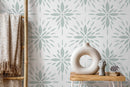 Tile Wallpaper with a Stylized Floral Medallion in Sage Green - D332
