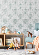 Tile Wallpaper with a Stylized Floral Medallion in Sage Green - D332