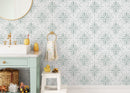 Tile Wallpaper with a Stylized Floral Medallion in Sage Green - D332
