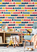Abstract Wallpaper with Colorful Scalloped Shapes in Blue, Red, and Yellow - D338
