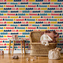 Abstract Wallpaper with Colorful Scalloped Shapes in Blue, Red, and Yellow - D338