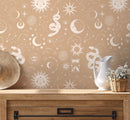 Celestial Wallpaper with Sun, Moon, and Stars in Beige and Cream - D346