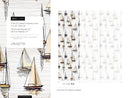 Nautical Wallpaper with a Hand-Drawn Sailboat Motif in Tan, Black, and Blue - D484
