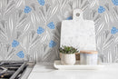 Floral Wallpaper with Stylized Bell Flowers in Blue, Gray, and White - D388