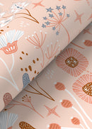 Botanical Wallpaper with Whimsical Flowers and Mushrooms in Peach, Brown, and Blue - D393