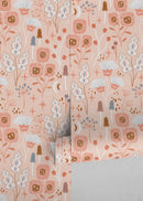 Botanical Wallpaper with Whimsical Flowers and Mushrooms in Peach, Brown, and Blue - D393