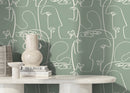 Modern Line Art Wallpaper Featuring Abstract Faces in Green and White - D493